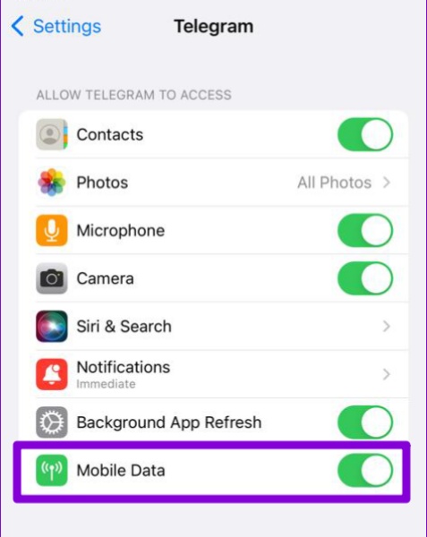Cho phép Telegram được sử dụng mạng dữ liệu di động