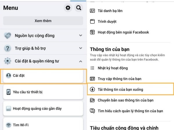 Tải thông tin của bạn trên Facebook điện thoại bước 2