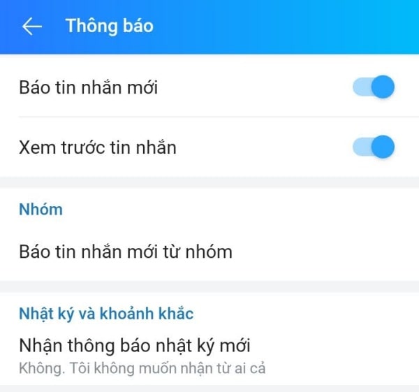 Thiết lập thông báo trên ứng dụng Zalo