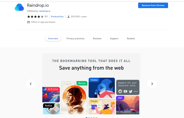 Tiện ích Raindrop.io