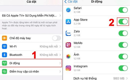 Bật dữ liệu di động App Store cho iPhone Xs Max