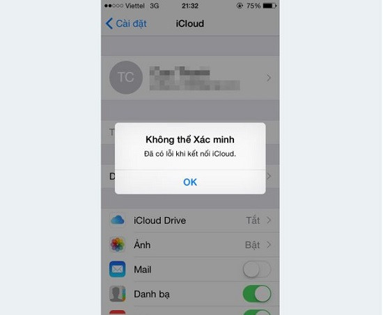 Biểu hiện lỗi không thể xác minh tài khoản iCloud