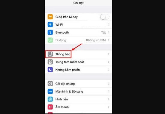 Chọn vào mục Thông báo