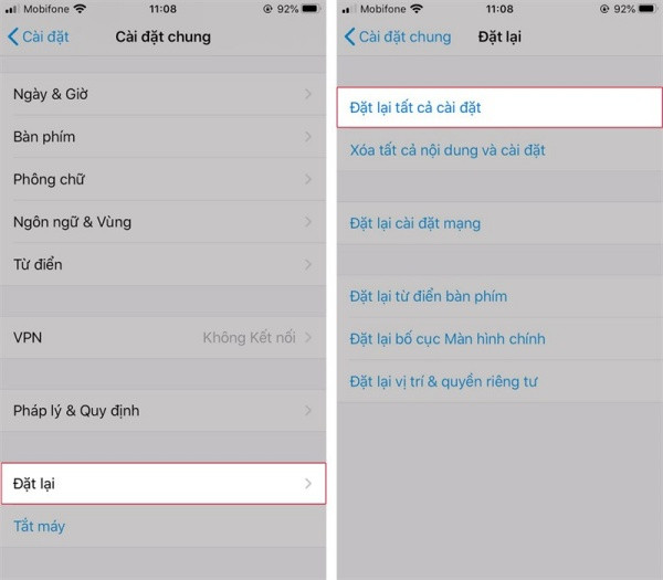 Đặt lại tất cả cài đặt iPhone