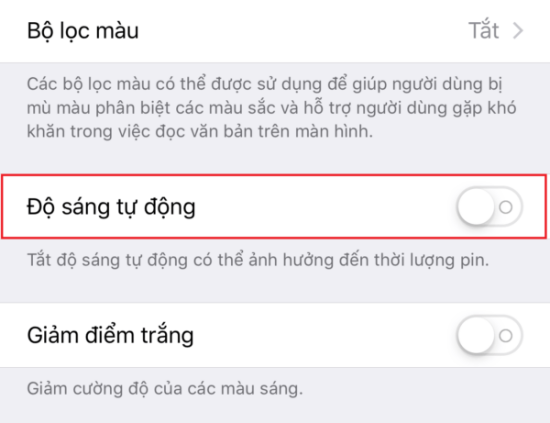 Tắt bỏ tính năng Độ sáng tự động