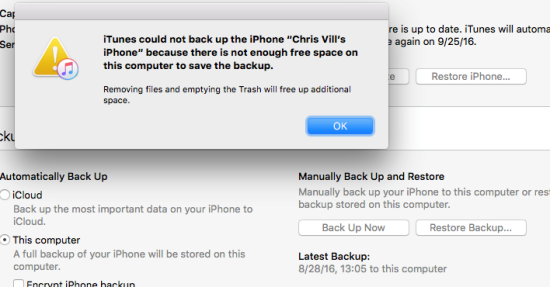 iPhone không backup được bằng iTunes