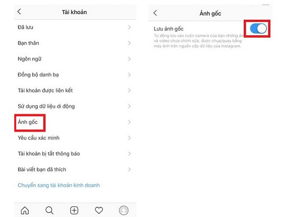 Bật lưu ảnh gốc trên instagram