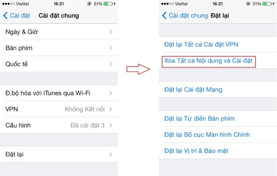 Xóa tất cả nội dung và cài đặt