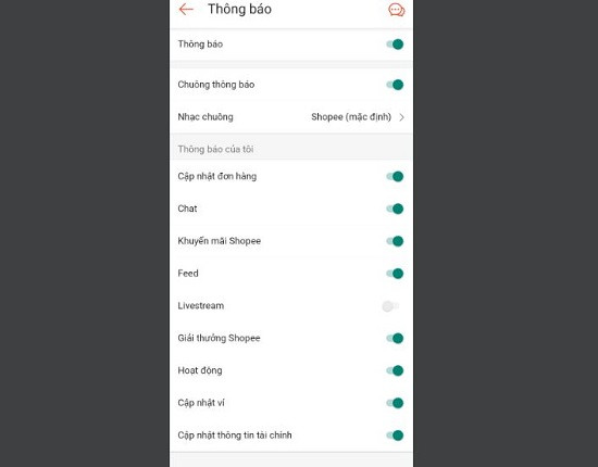 Cài đặt thông báo Shopee