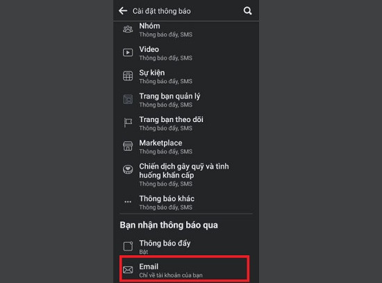 Chọn vào Email dưới mục Bạn nhận thông báo qua