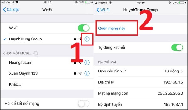 Quên mạng Wifi đang kết nối