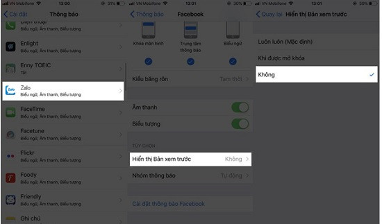 Tắt hiển thị tin nhắn Zalo trên iPhone
