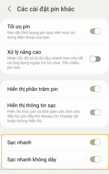 Bật sạc nhanh Samsung