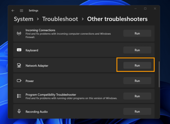Chạy Network Adapter Troubleshooter