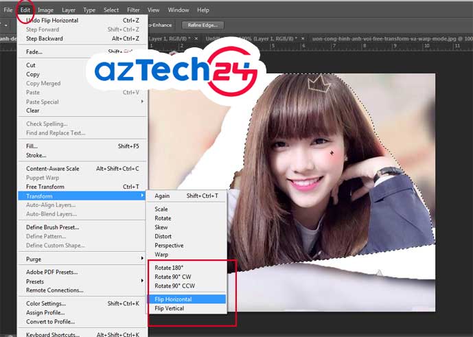 Cách lật ngược ảnh trong photoshop với Transform