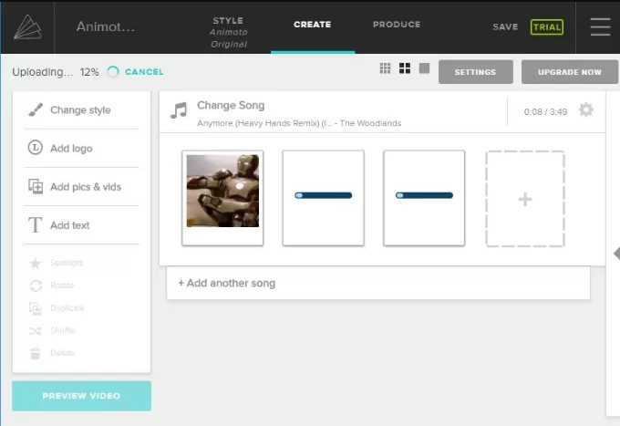 Làm video từ ảnh online tại website Animoto