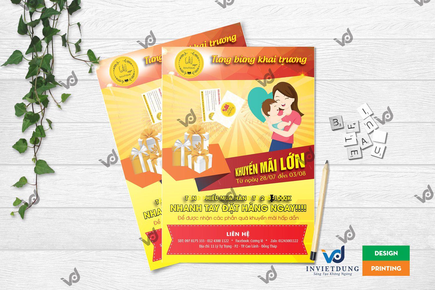 Mẫu tờ rơi quảng cáo khai trương shop quần áo mẹ và bé